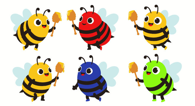 Cute Cartoon Bees Holding Honey Dippers - Set of 6