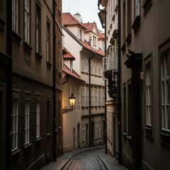 Fototapeta premium Narrow Alleyway in Prague with Historic Buildings and Lamp.