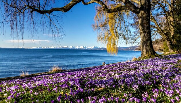 Scenic landscape featuring a shoreline covered in purple wildflowers, a large tree, and snowy mountain range against a blue sky