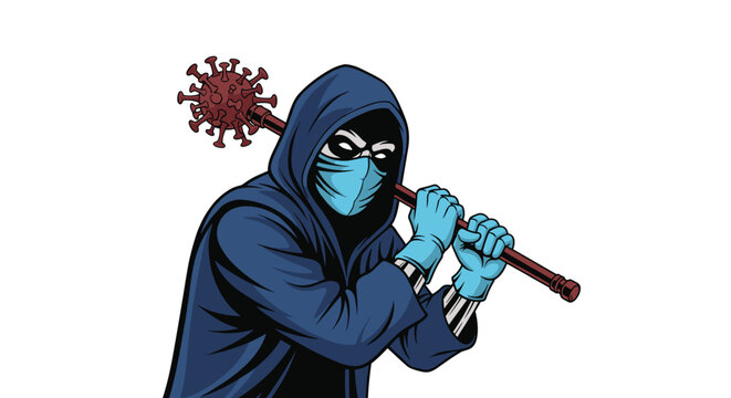 Mysterious figure in a blue hood and mask holding a long mace with a spiked virus ball at the end like a weapon.