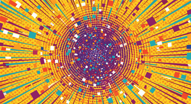 Abstract explosive background pattern with colorful squares and halftone dots radiating from a central purple point.