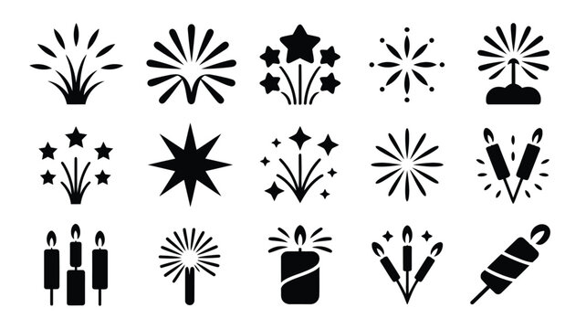 Collection of black flat icons representing fireworks sparklers candles and dynamite for celebrations parties and special events isolated on a white background diverse graphic