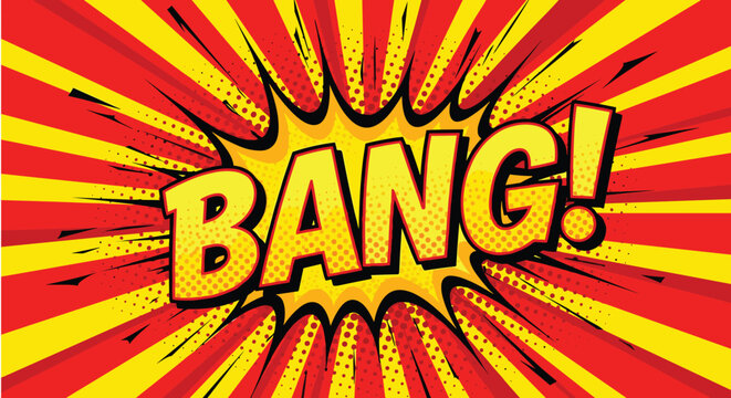 Explosive comic book style bang text with halftone dots on a vibrant yellow and red starburst background for dynamic action scenes.