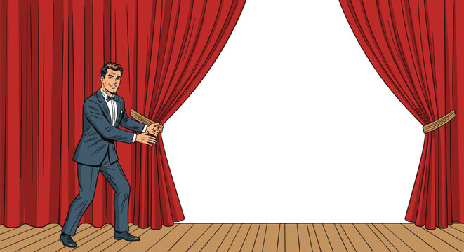 Professional man in a tuxedo opening thick red velvet curtains on a theater stage to reveal a blank white space for messages.
