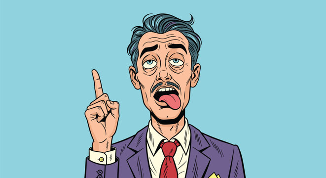 Confused and exhausted man in a purple suit with his tongue out pointing upwards while looking disoriented on a light blue background.