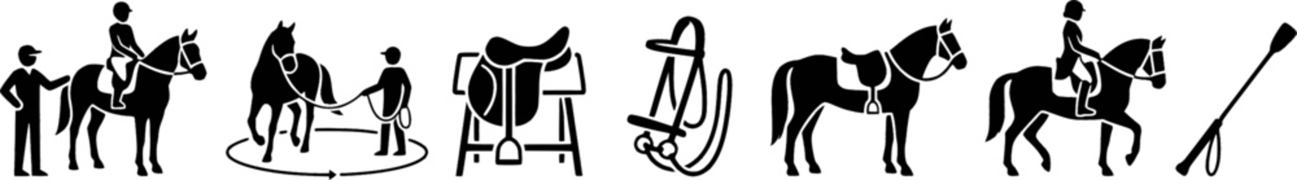 This comprehensive collection of equestrian icons depicts horse riding lessons, training equipment, and horse care items, suitable for educational materials, sports websites, and