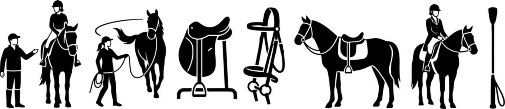 This comprehensive collection of equestrian icons depicts horse riding lessons, training equipment, and horse care items, suitable for educational materials, sports websites, and