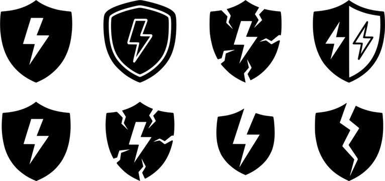Set of broken shield with lightning bolt icons representing security breach data protection failure and danger useful for cybersecurity warnings alert systems error messages