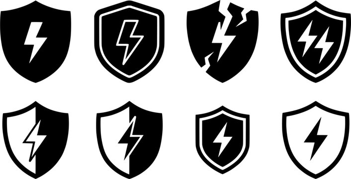 Set of broken shield with lightning bolt icons representing security breach data protection failure and danger useful for cybersecurity warnings alert systems error messages