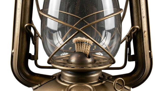 Vintage oil lantern with brass accents and wick on black background close-up studio shot