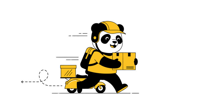A panda rides a scooter delivering a package quickly outside