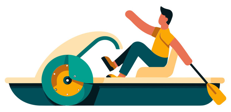Man pedaling a yellow pedal boat with a circular propeller
