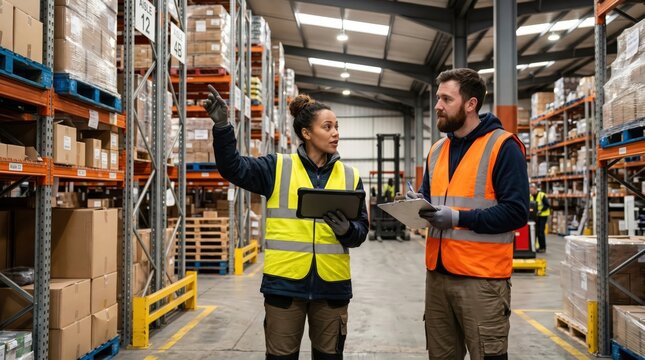 Warehouse workers recording inventory using warehousing technology men at work, logistic, tablet, team, commercial, co-worker, warehouse