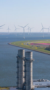 Aerial view of the Engie Maxima power plant chimneys and offshore wind turbines across the water with colorful flower fields along the coast in Lelystad, Flevoland, Netherlands.