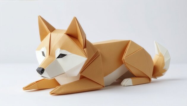 Paper origami Shiba Inu dog lying down on a white surface