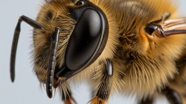 Close-up cinematic shot of a bee's face with fuzzy body and black eyes