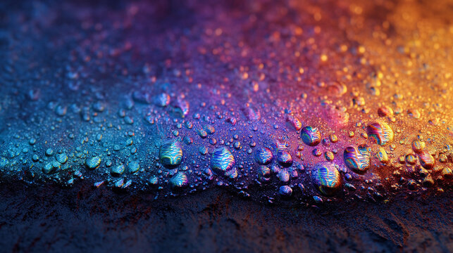Vibrant iridescent water droplets on a dark wet textured surface with a colorful gradient, perfect for abstract backgrounds.