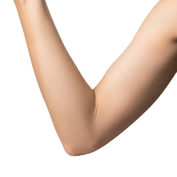 Female arm bent at elbow with smooth skin and soft curves, side view on white background, showcasing simple anatomy, wellness and natural body lines

