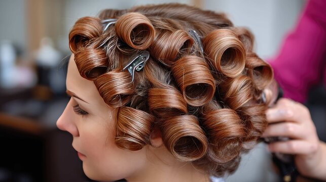 Woman with brown hair styled in vintage curlers in a beauty salon setting, preparing for a special occasion