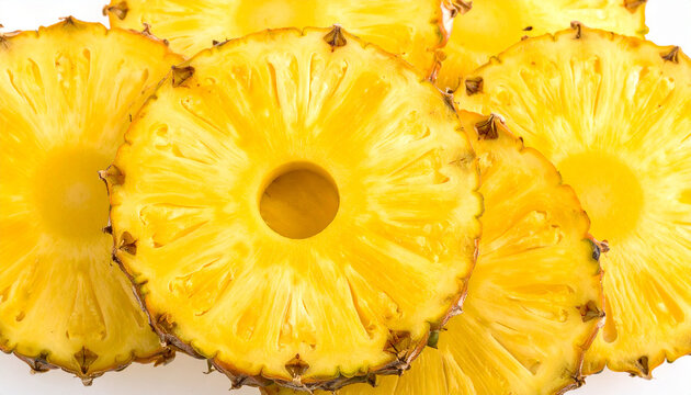 Freshly sliced golden pineapple rings arranged in a vibrant close-up