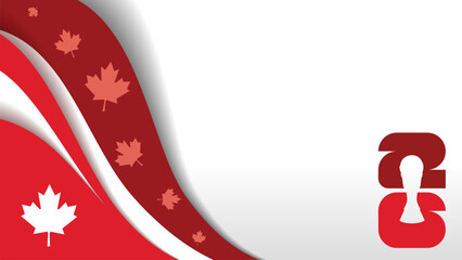 Naklejka premium Canadian national flag ribbon background for 2026 football tournament. Red and white wavy ribbons with maple leaves and trophy silhouette for soccer world championship in canada.