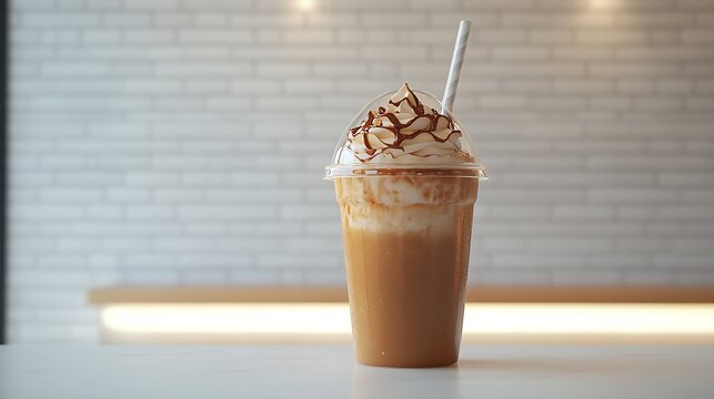 Caramel frapp&eacute; in a transparent takeaway cup with dome lid and straw