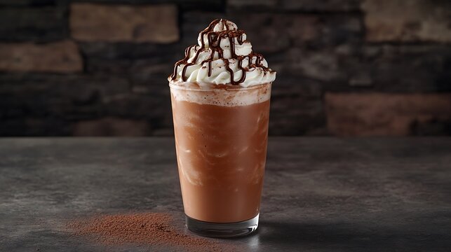Chocolate frapp&eacute; in a tall glass with whipped cream and chocolate drizzle