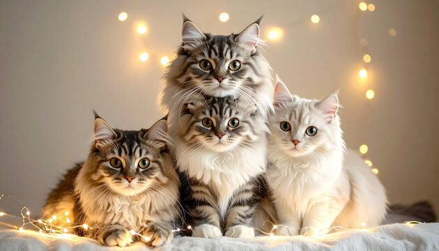Three adorable Maine Coon cats sitting together.