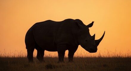 Fototapeta premium Majestic rhinoceros silhouette standing against a vibrant African sunset sky on the savanna