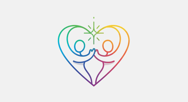 Rainbow heart with two people holding hands, symbolizing love, connection, and diversity