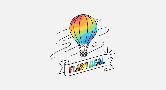 Rainbow hot air balloon with flash deal banner, celebration, travel, and adventure concept