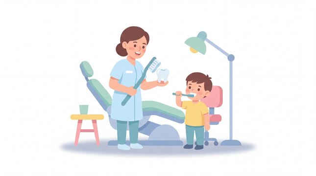 Dentist teaching child how to brush teeth, kids tooth brushing education illustration in dental clinic isolated on white background
