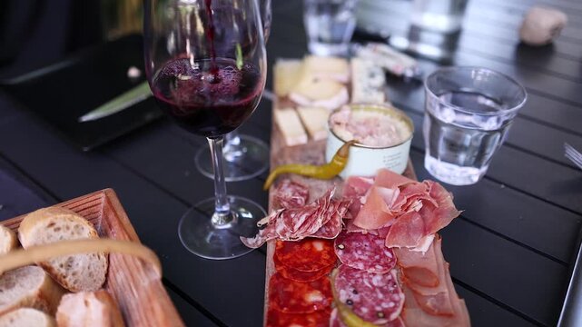 Red wine pouring into glass next to charcuterie board with cured meats and cheeses in slow motion.