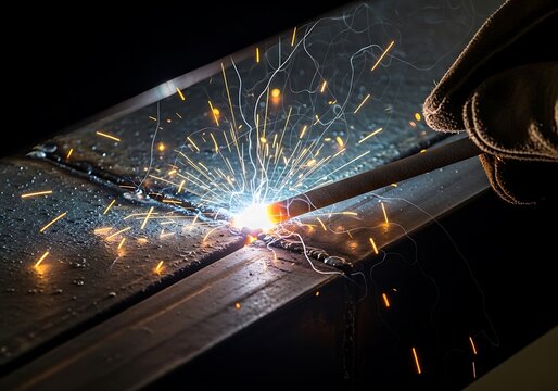 Close up of industrial arc welding with bright sparks and glowing metal