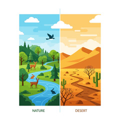 Fototapeta premium Contrasting Landscapes: Lush Forest vs. Arid Desert Ecosystems