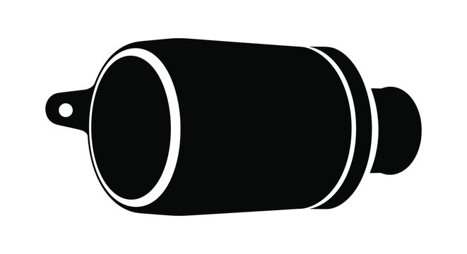 Black silhouette of a cylindrical muffler with mounting bracket isolated on a white background silhouette high quality professional detailed