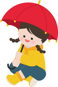 우산을 쓰고 우비를 입고 앉아있는 귀여운 캐릭터