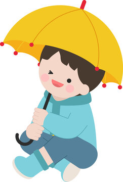 우산을 쓰고 우비를 입고 앉아있는 귀여운 캐릭터