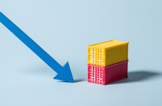 Downward blue arrow graph on colored blocks, market crash and price drop