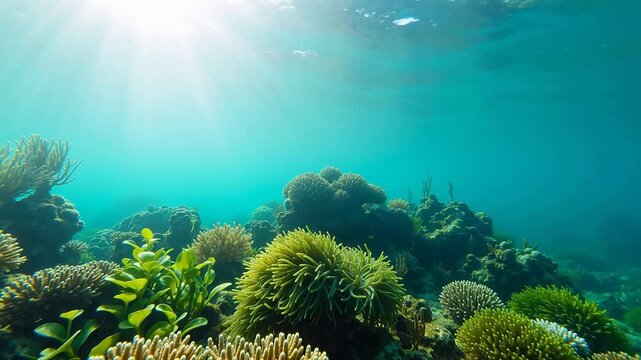 Vibrant coral reef teeming with marine life under crystal clear ocean water with sun rays filtering through