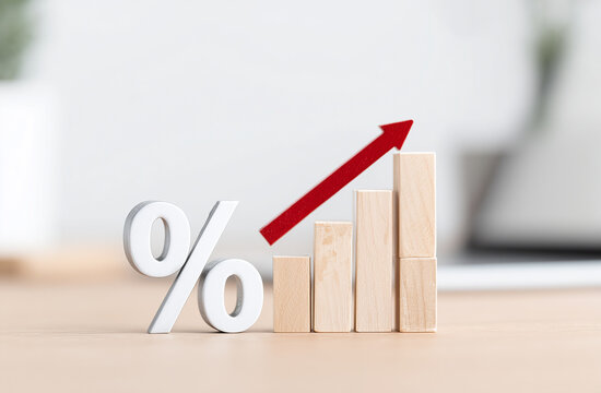 Percentage sign with a rising bar chart, interest rate hike and inflation concept