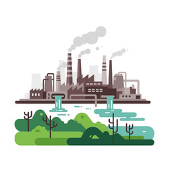 Fototapeta premium Industrial factory pollution impacting pristine nature landscape with smoke and waste water