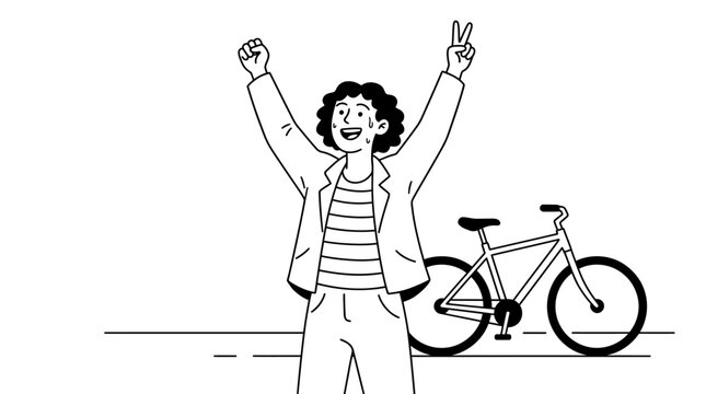 Joyful cyclist celebrates success with victory pose and peace sign aft