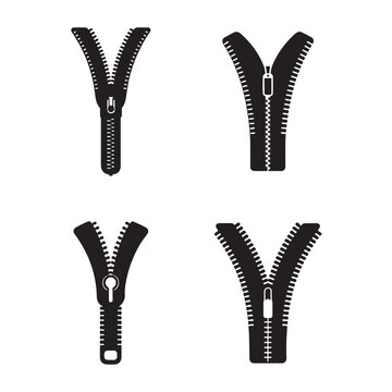 Four black zipper icons in different positions and styles on white background  closed and open zippers with various pull tabs