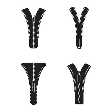 Four black zipper icons in different positions and styles on white background  zippers are shown open and closed with metal and plastic sliders