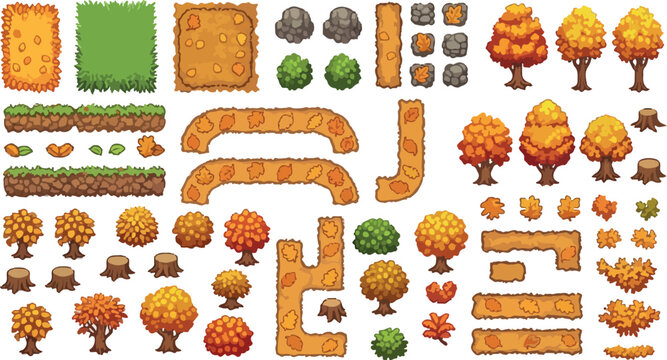 Pixel art autumn game assets, retro 8-bit nature environment tileset, orange and yellow fall trees with forest path elements, vintage video game vector