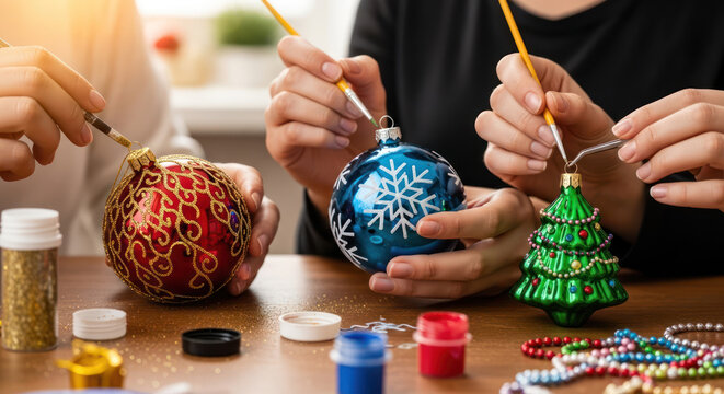 Christmas Ornaments Being Decorated by Hands with Fine Paint Brushes