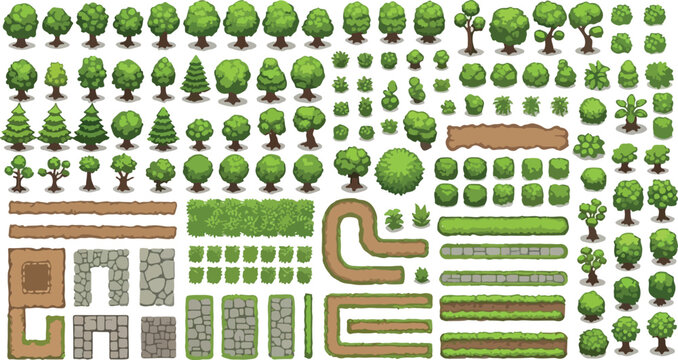 Isometric pixel art game assets, green forest trees and garden bushes set, stone paths and dirt road tiles for map creation, 2D landscape vector