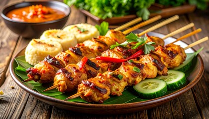 Fototapeta premium Eid al Adha Feast Satay Ketupat Peanut Sauce Lantern Ramadan