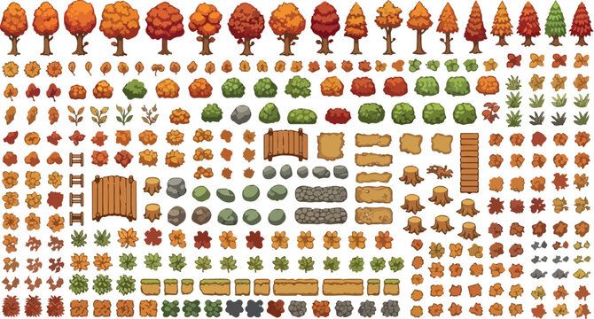 Pixel art autumn nature asset pack, retro game environment elements with orange trees and bushes, 2D game design sprites for fall landscapes